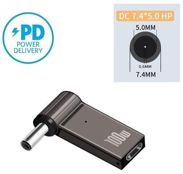 10 шт. USB Type-C адаптер DC 7.4&times;5.0*0.6 HP для зарядки ноутбука 100W от повербанка USB или зарядки PD EM7133 фото