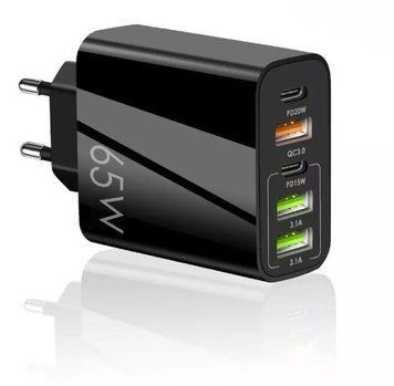 Сетевой зарядный 65W QC3.0/PD3.0 3xUSB 2xType-C устройство Быстрая зарядка смартфона F002 EM8457 фото