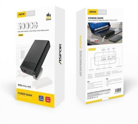 Power Bank Aspor A306 30000mAh PD QC/4.0 22.5W USB быстрой зарядкой Type-C Lightning повербанк павербанк EM8298 фото